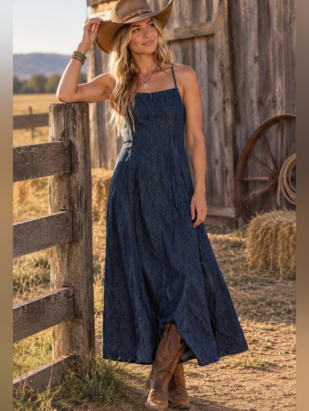 Denim Chambray Maxi Dress L Western Cowgirl
